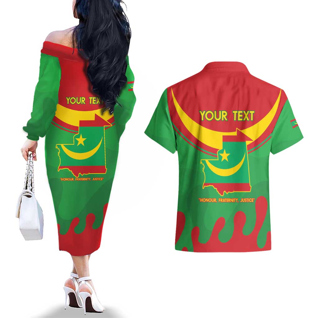 Personalised Mauritania Independence Day Couples Matching Off The Shoulder Long Sleeve Dress and Hawaiian Shirt Coat Of Arms With Map Flag Color - Wonder Print Shop