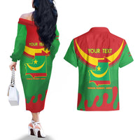 Personalised Mauritania Independence Day Couples Matching Off The Shoulder Long Sleeve Dress and Hawaiian Shirt Coat Of Arms With Map Flag Color - Wonder Print Shop
