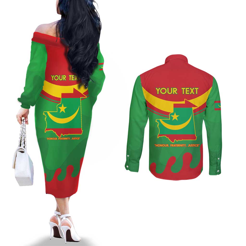 Personalised Mauritania Independence Day Couples Matching Off The Shoulder Long Sleeve Dress and Long Sleeve Button Shirt Coat Of Arms With Map Flag Color