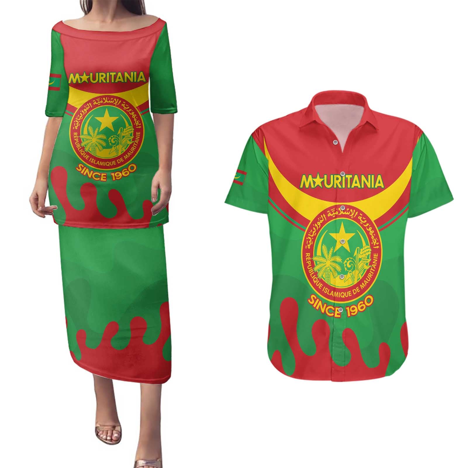 Personalised Mauritania Independence Day Couples Matching Puletasi and Hawaiian Shirt Coat Of Arms With Map Flag Color - Wonder Print Shop