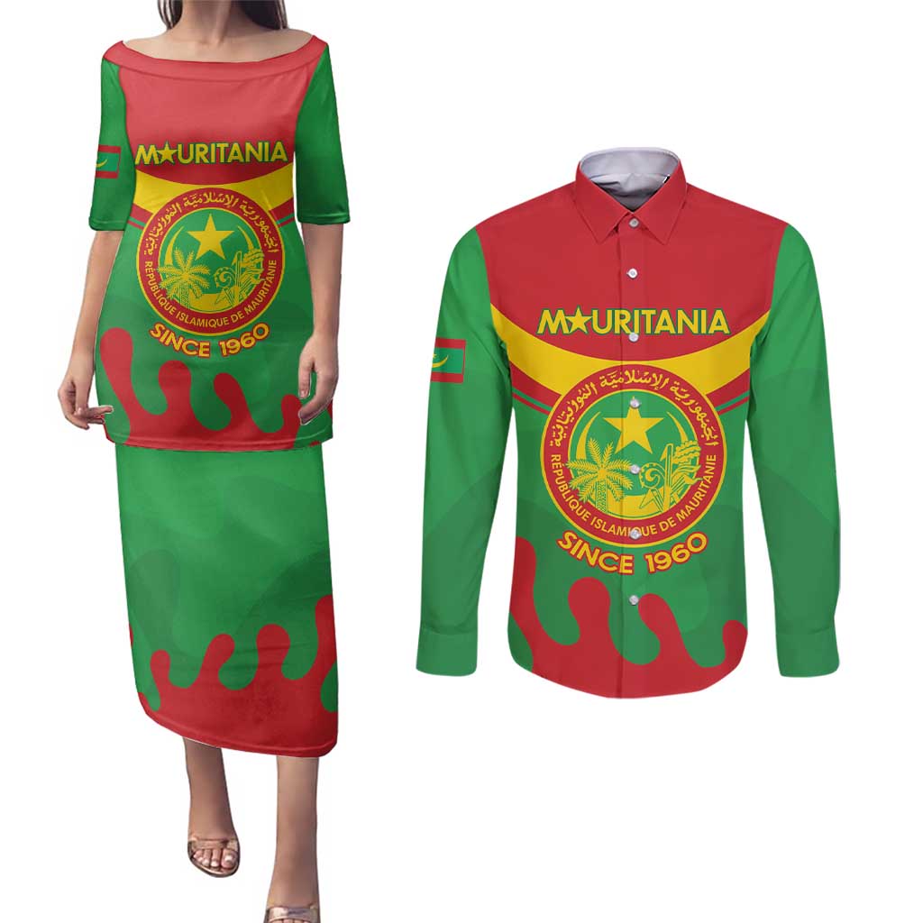 Personalised Mauritania Independence Day Couples Matching Puletasi and Long Sleeve Button Shirt Coat Of Arms With Map Flag Color - Wonder Print Shop