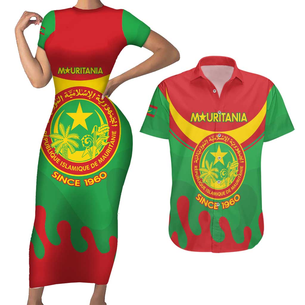 Personalised Mauritania Independence Day Couples Matching Short Sleeve Bodycon Dress and Hawaiian Shirt Coat Of Arms With Map Flag Color - Wonder Print Shop