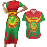 Personalised Mauritania Independence Day Couples Matching Short Sleeve Bodycon Dress and Hawaiian Shirt Coat Of Arms With Map Flag Color - Wonder Print Shop