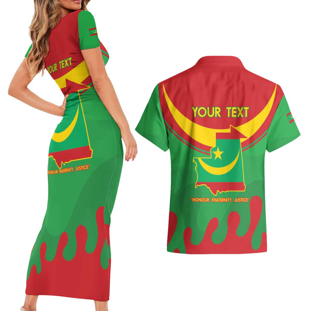 Personalised Mauritania Independence Day Couples Matching Short Sleeve Bodycon Dress and Hawaiian Shirt Coat Of Arms With Map Flag Color - Wonder Print Shop