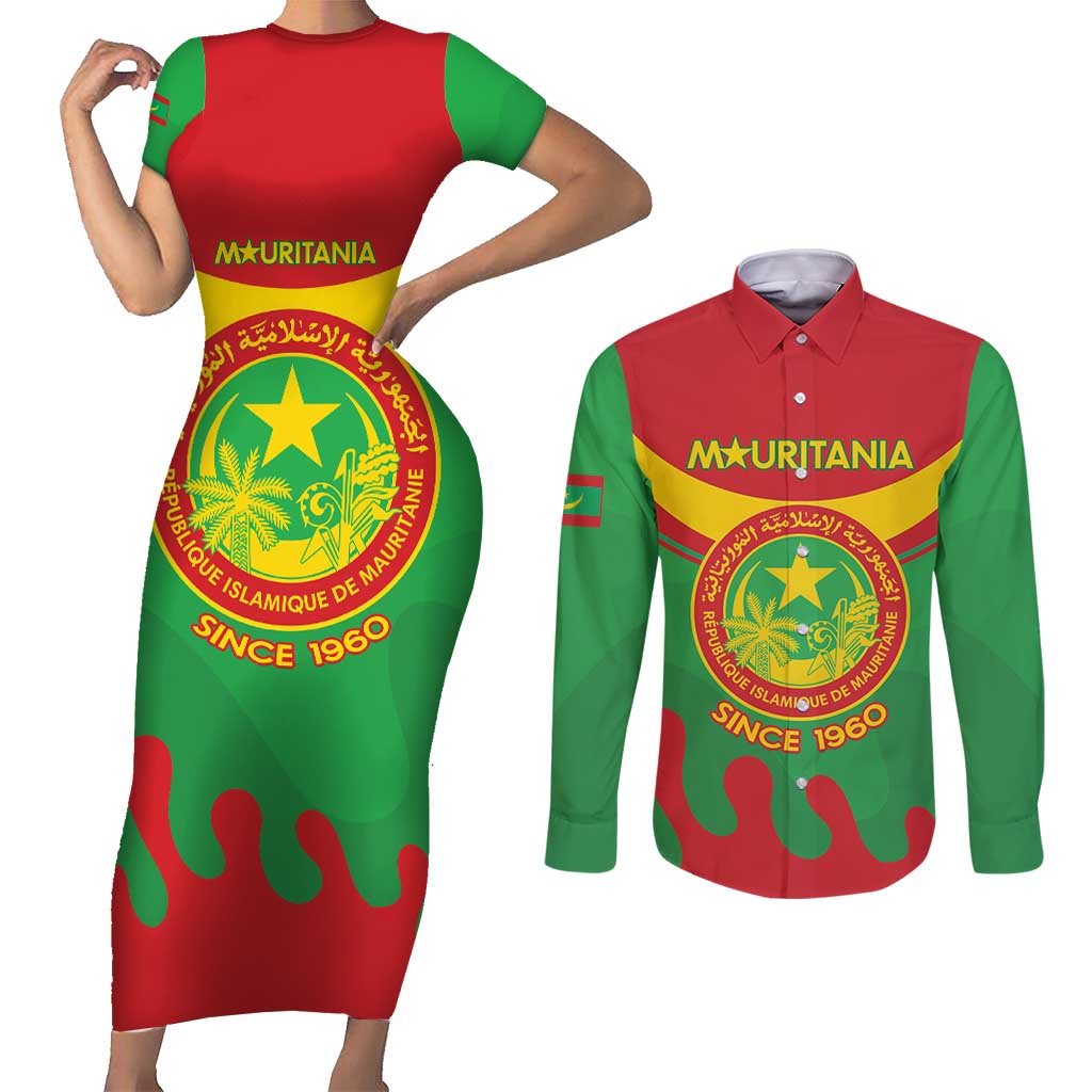 Personalised Mauritania Independence Day Couples Matching Short Sleeve Bodycon Dress and Long Sleeve Button Shirt Coat Of Arms With Map Flag Color - Wonder Print Shop
