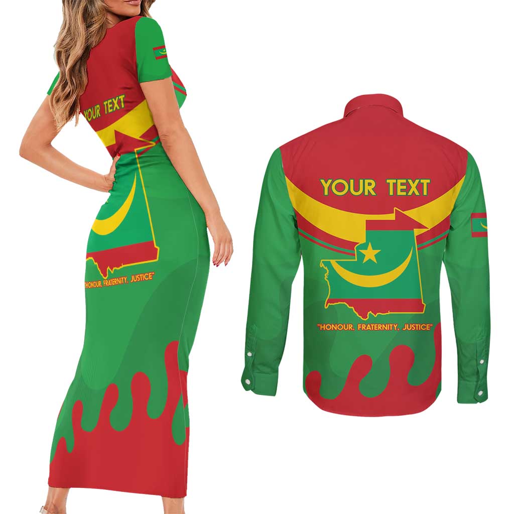 Personalised Mauritania Independence Day Couples Matching Short Sleeve Bodycon Dress and Long Sleeve Button Shirt Coat Of Arms With Map Flag Color - Wonder Print Shop