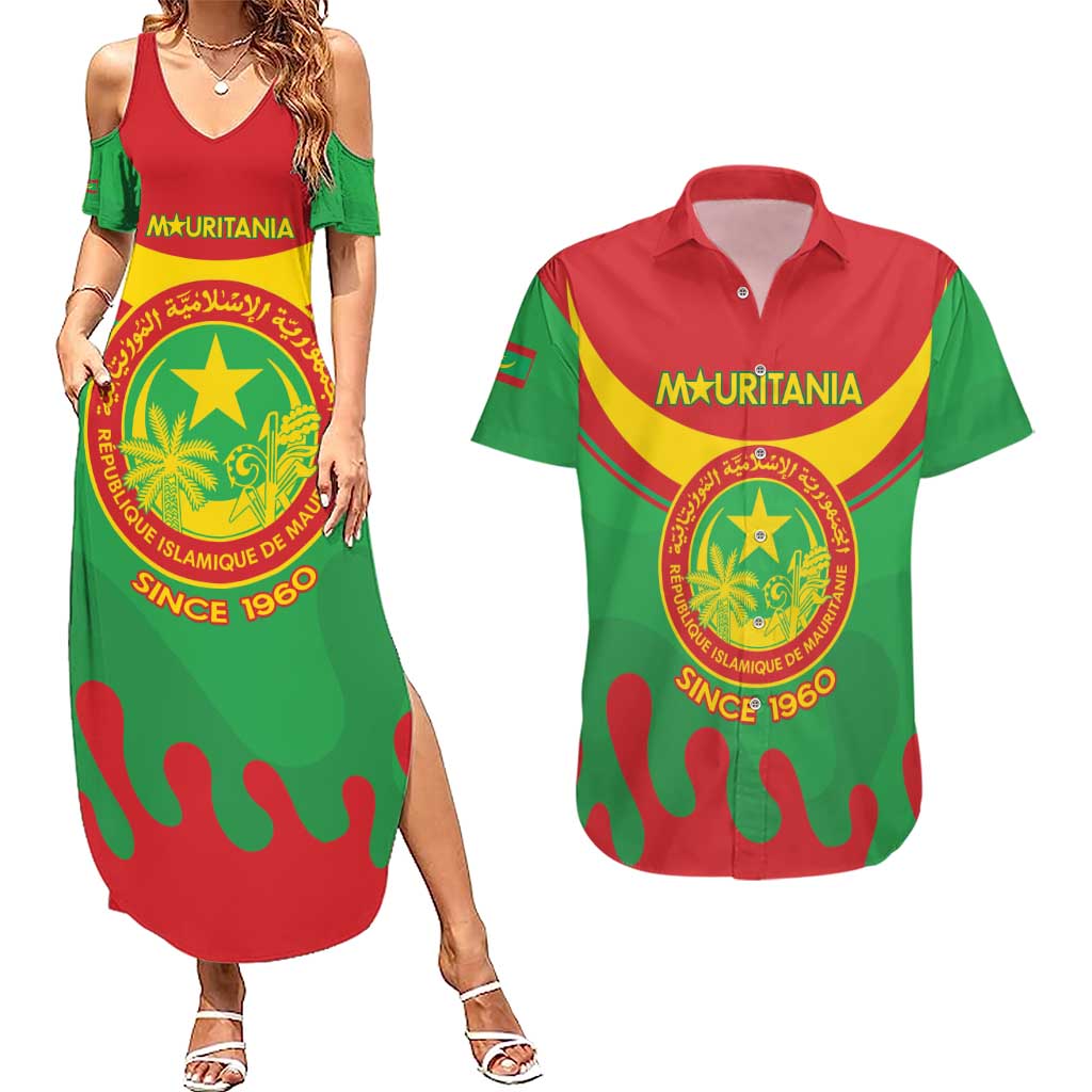 Personalised Mauritania Independence Day Couples Matching Summer Maxi Dress and Hawaiian Shirt Coat Of Arms With Map Flag Color - Wonder Print Shop