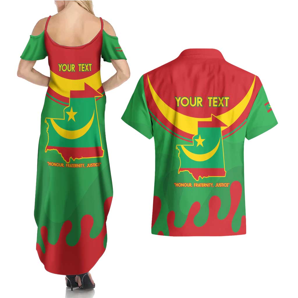Personalised Mauritania Independence Day Couples Matching Summer Maxi Dress and Hawaiian Shirt Coat Of Arms With Map Flag Color - Wonder Print Shop
