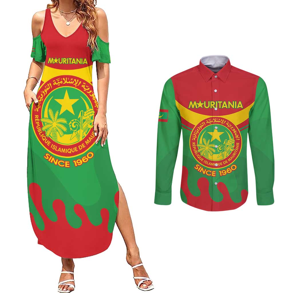 Personalised Mauritania Independence Day Couples Matching Summer Maxi Dress and Long Sleeve Button Shirt Coat Of Arms With Map Flag Color - Wonder Print Shop