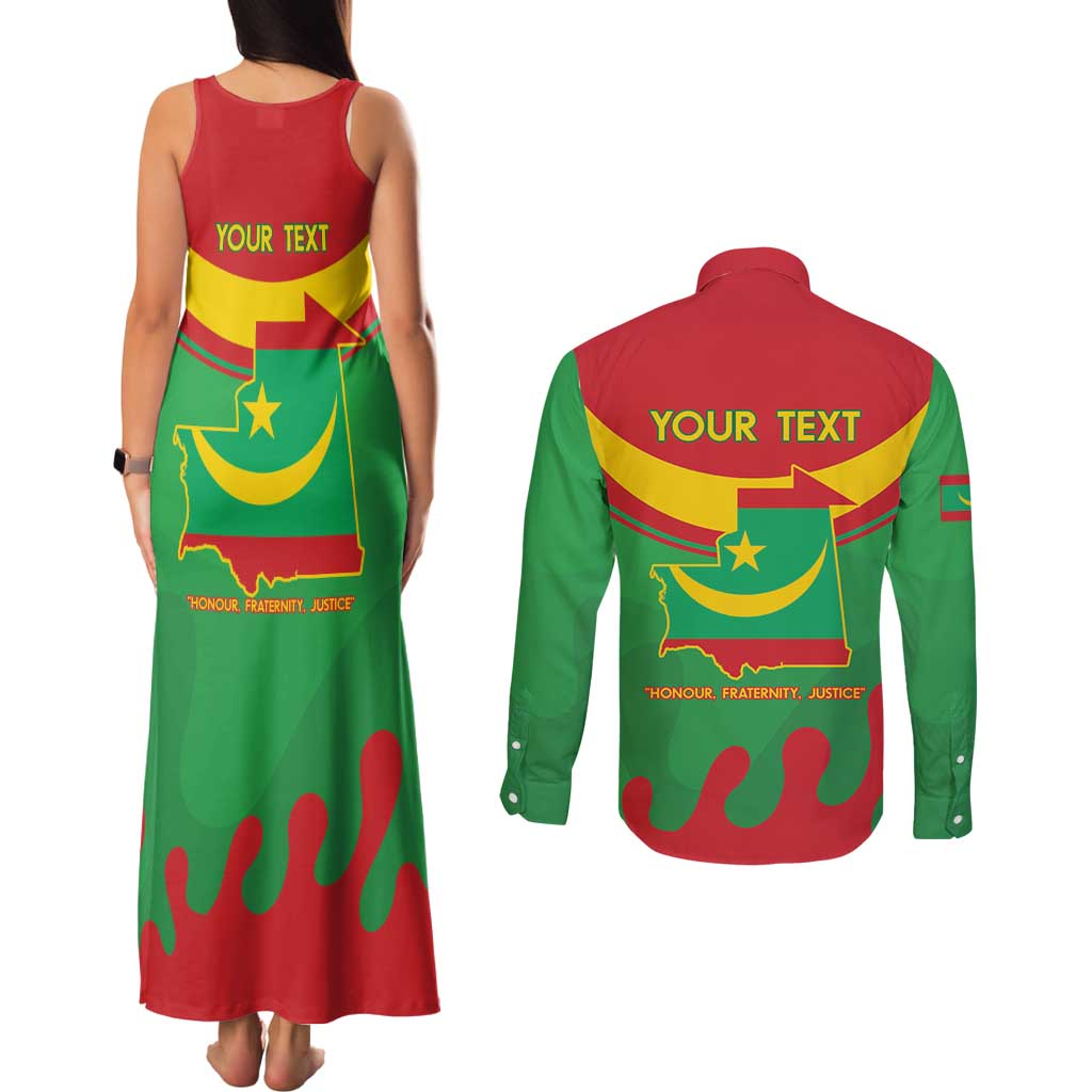 Personalised Mauritania Independence Day Couples Matching Tank Maxi Dress and Long Sleeve Button Shirt Coat Of Arms With Map Flag Color - Wonder Print Shop