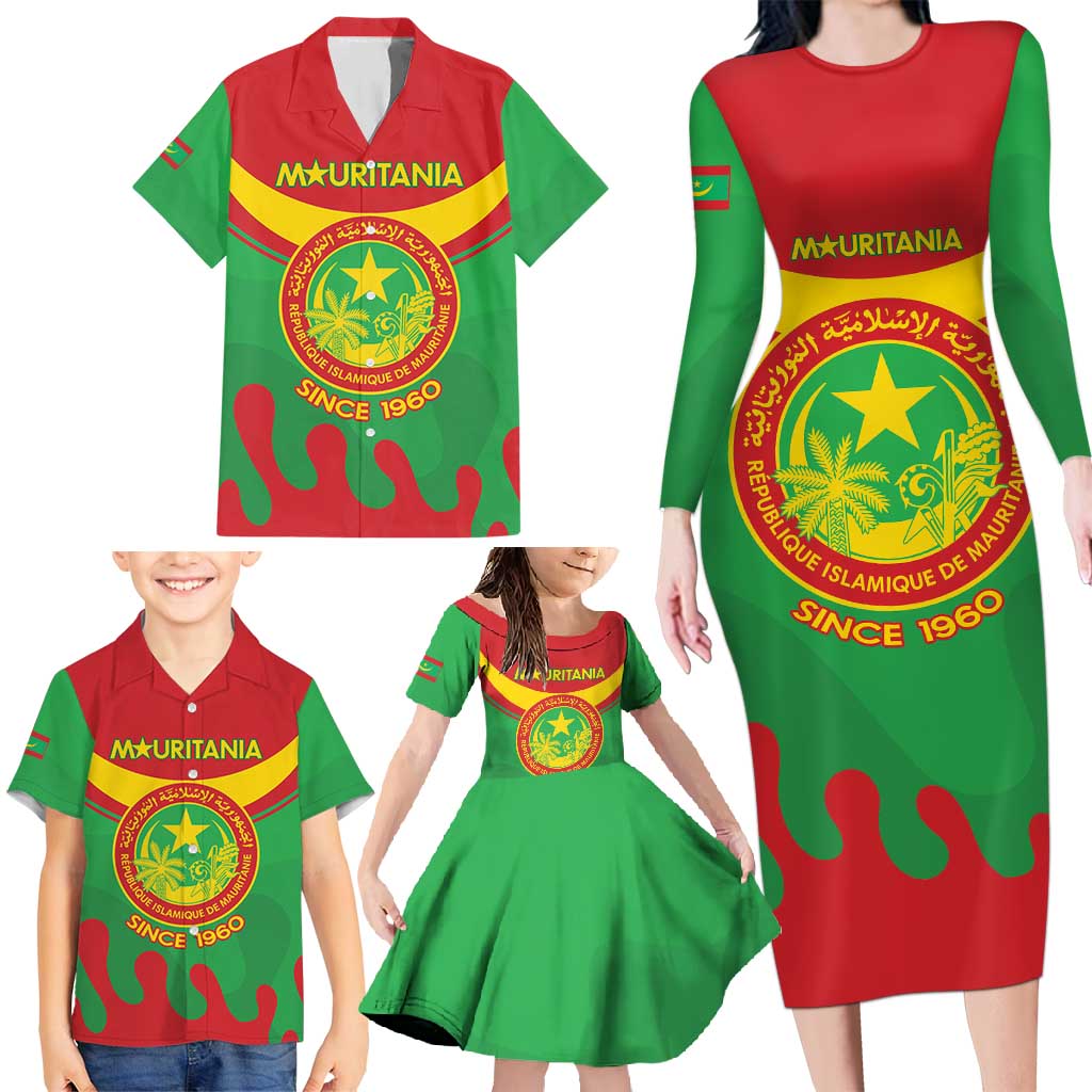 Personalised Mauritania Independence Day Family Matching Long Sleeve Bodycon Dress and Hawaiian Shirt Coat Of Arms With Map Flag Color - Wonder Print Shop