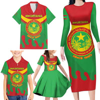 Personalised Mauritania Independence Day Family Matching Long Sleeve Bodycon Dress and Hawaiian Shirt Coat Of Arms With Map Flag Color - Wonder Print Shop
