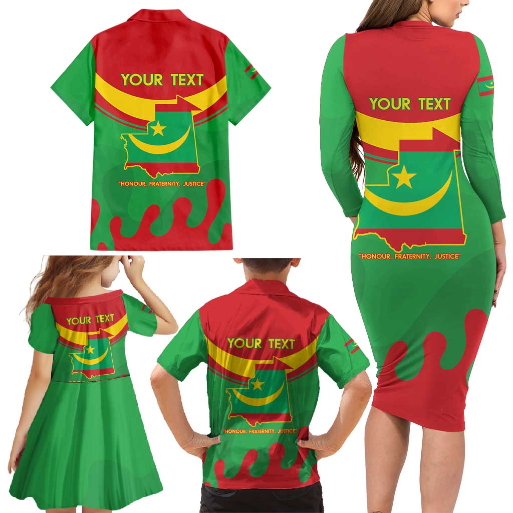 Personalised Mauritania Independence Day Family Matching Long Sleeve Bodycon Dress and Hawaiian Shirt Coat Of Arms With Map Flag Color - Wonder Print Shop