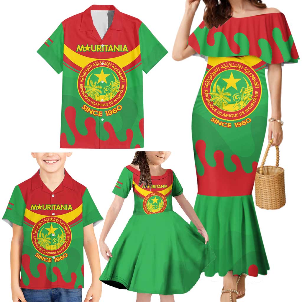 Personalised Mauritania Independence Day Family Matching Mermaid Dress and Hawaiian Shirt Coat Of Arms With Map Flag Color - Wonder Print Shop
