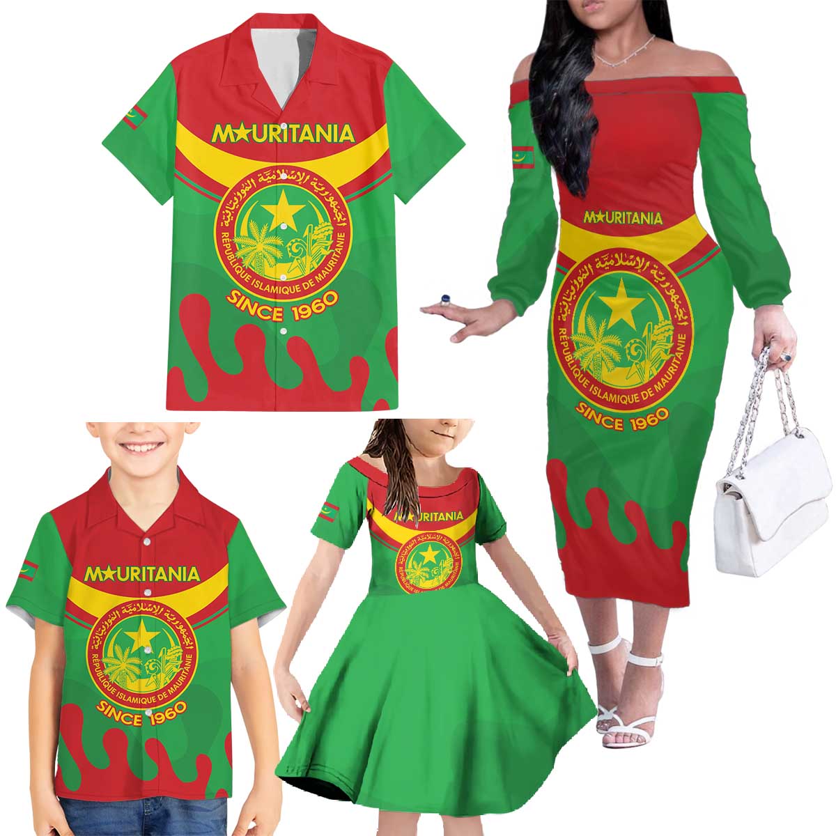 Personalised Mauritania Independence Day Family Matching Off The Shoulder Long Sleeve Dress and Hawaiian Shirt Coat Of Arms With Map Flag Color - Wonder Print Shop
