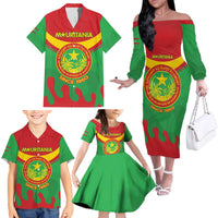 Personalised Mauritania Independence Day Family Matching Off The Shoulder Long Sleeve Dress and Hawaiian Shirt Coat Of Arms With Map Flag Color - Wonder Print Shop