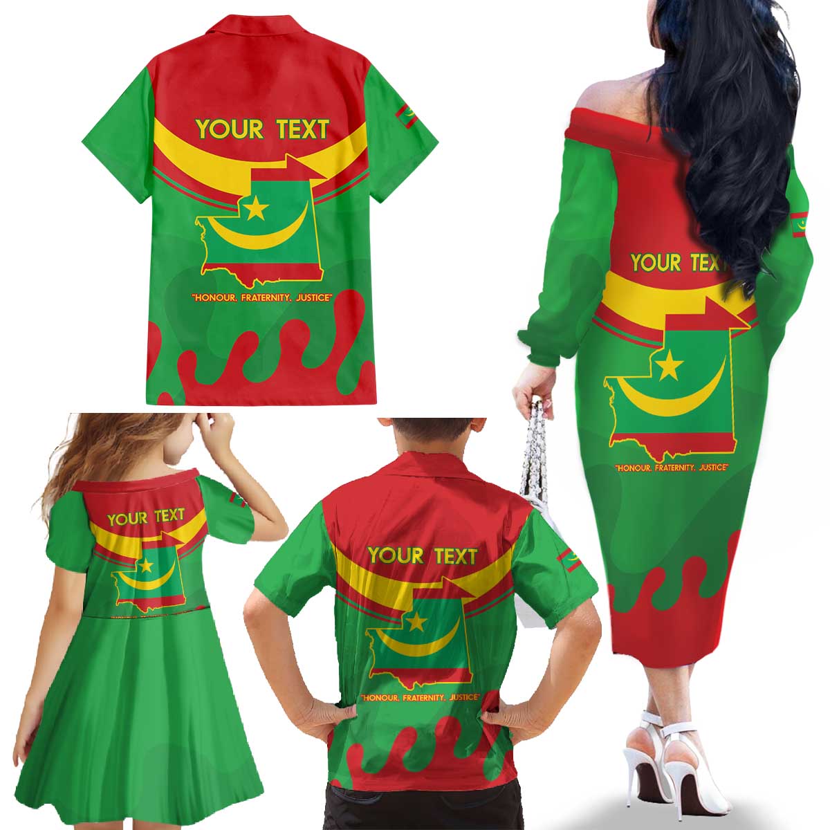 Personalised Mauritania Independence Day Family Matching Off The Shoulder Long Sleeve Dress and Hawaiian Shirt Coat Of Arms With Map Flag Color - Wonder Print Shop