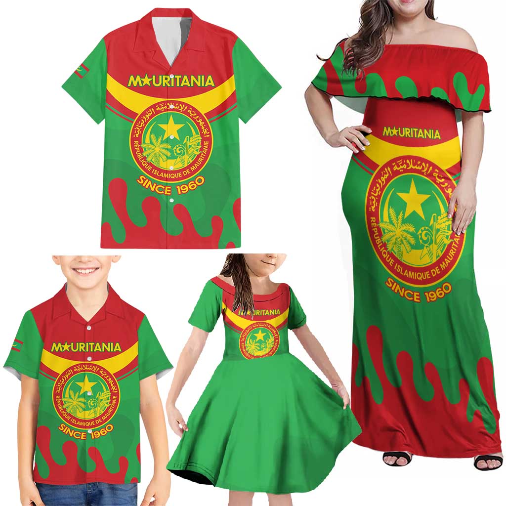 Personalised Mauritania Independence Day Family Matching Off Shoulder Maxi Dress and Hawaiian Shirt Coat Of Arms With Map Flag Color - Wonder Print Shop