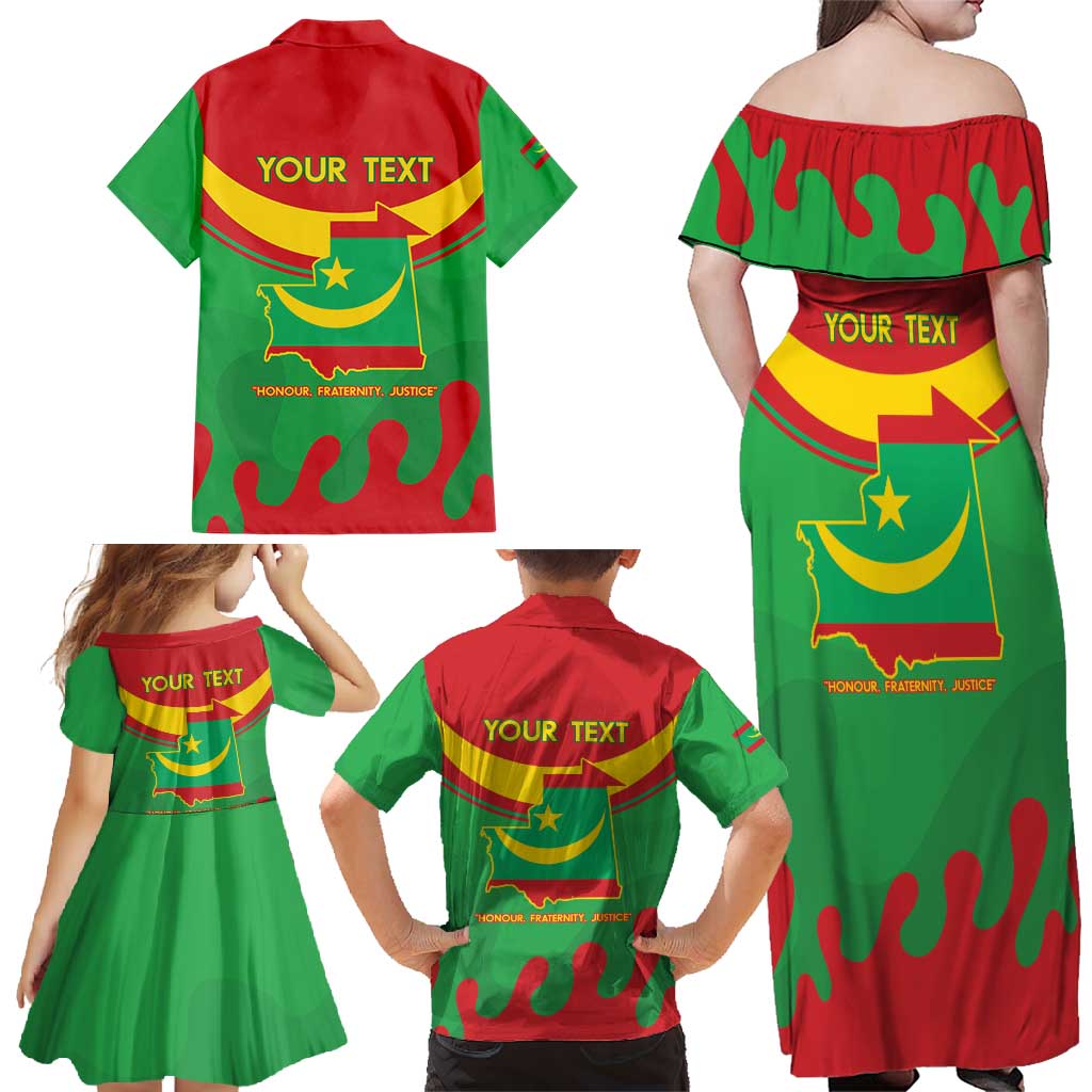 Personalised Mauritania Independence Day Family Matching Off Shoulder Maxi Dress and Hawaiian Shirt Coat Of Arms With Map Flag Color - Wonder Print Shop