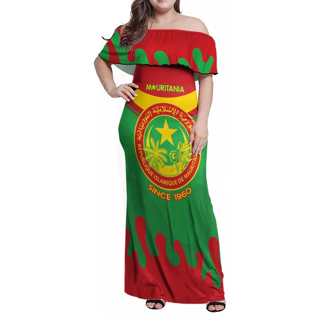Personalised Mauritania Independence Day Family Matching Off Shoulder Maxi Dress and Hawaiian Shirt Coat Of Arms With Map Flag Color - Wonder Print Shop