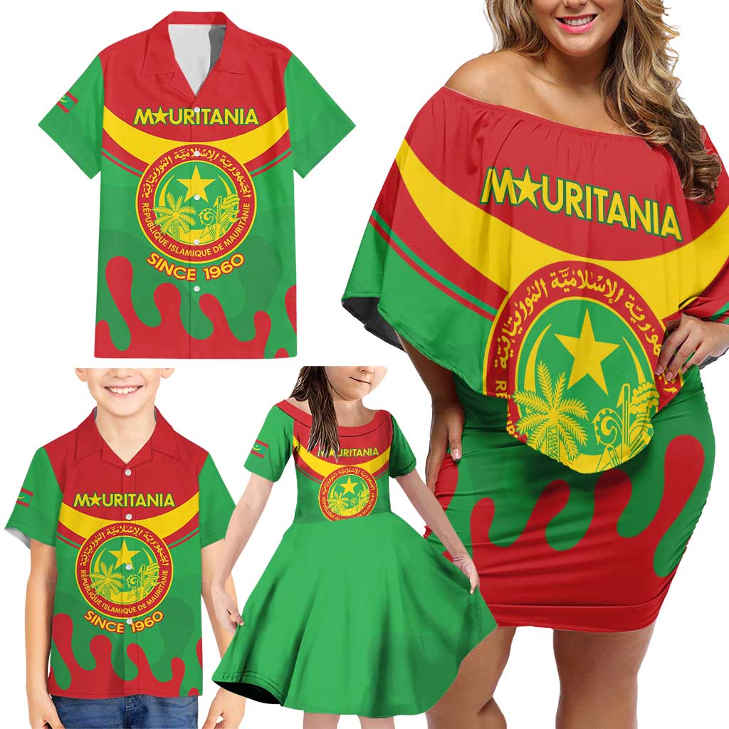Personalised Mauritania Independence Day Family Matching Off Shoulder Short Dress and Hawaiian Shirt Coat Of Arms With Map Flag Color - Wonder Print Shop