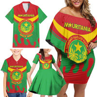 Personalised Mauritania Independence Day Family Matching Off Shoulder Short Dress and Hawaiian Shirt Coat Of Arms With Map Flag Color - Wonder Print Shop