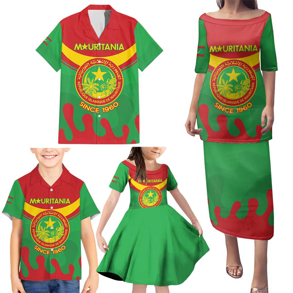 Personalised Mauritania Independence Day Family Matching Puletasi and Hawaiian Shirt Coat Of Arms With Map Flag Color - Wonder Print Shop