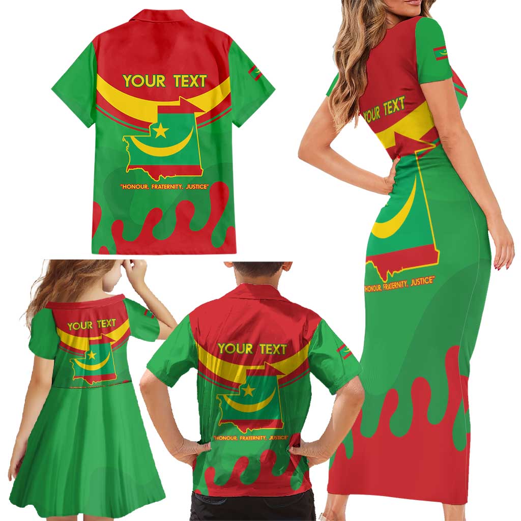 Personalised Mauritania Independence Day Family Matching Short Sleeve Bodycon Dress and Hawaiian Shirt Coat Of Arms With Map Flag Color - Wonder Print Shop