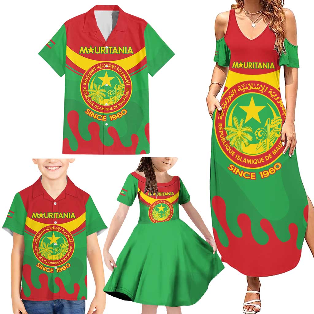 Personalised Mauritania Independence Day Family Matching Summer Maxi Dress and Hawaiian Shirt Coat Of Arms With Map Flag Color - Wonder Print Shop