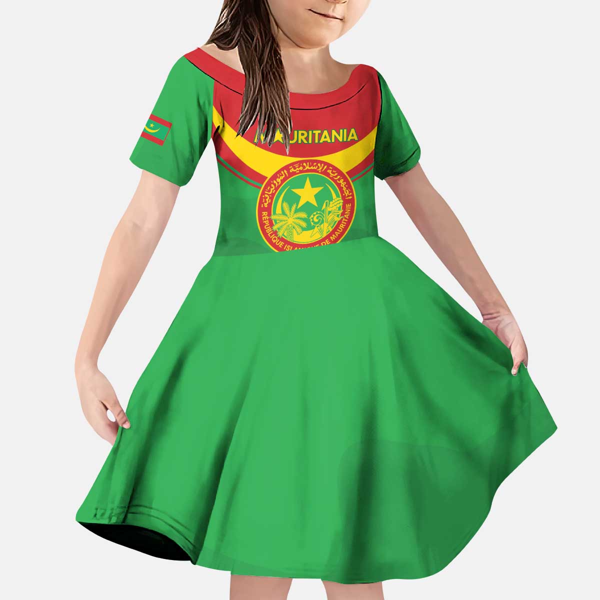 Personalised Mauritania Independence Day Kid Short Sleeve Dress Coat Of Arms With Map Flag Color - Wonder Print Shop
