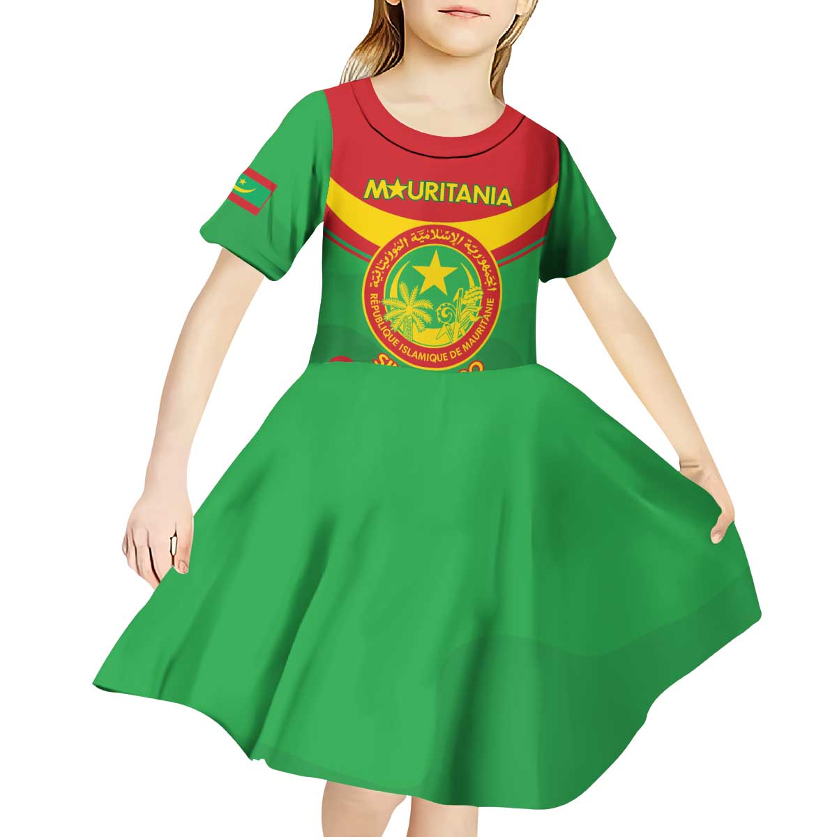 Personalised Mauritania Independence Day Kid Short Sleeve Dress Coat Of Arms With Map Flag Color - Wonder Print Shop