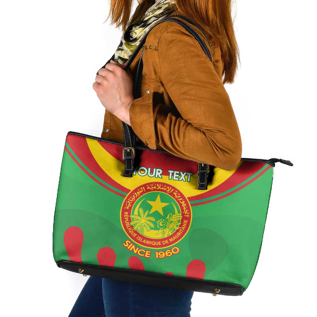 Personalised Mauritania Independence Day Leather Tote Bag Coat Of Arms With Map Flag Color - Wonder Print Shop