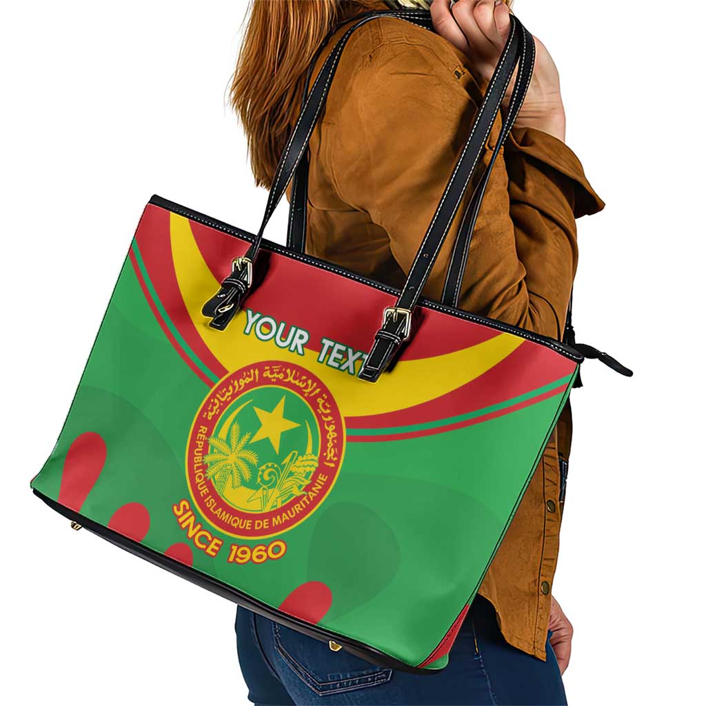 Personalised Mauritania Independence Day Leather Tote Bag Coat Of Arms With Map Flag Color - Wonder Print Shop
