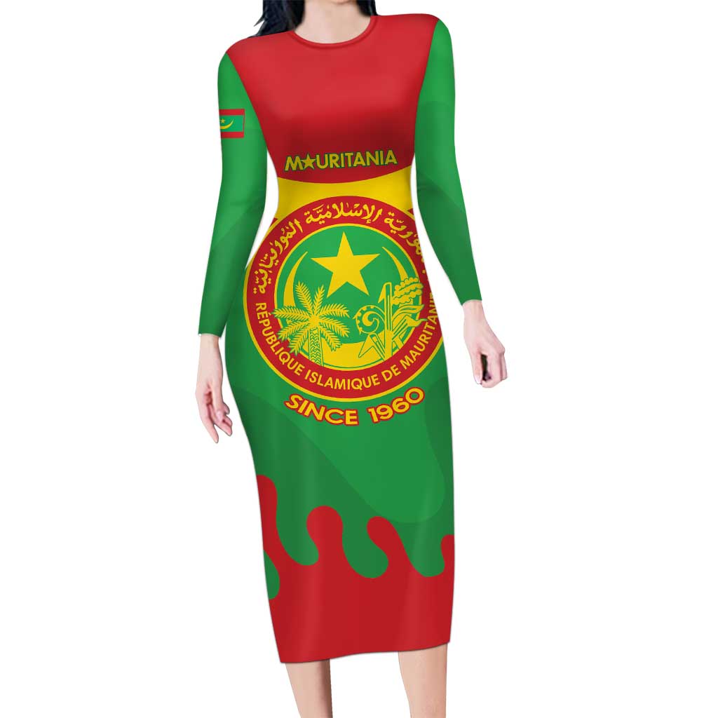 Personalised Mauritania Independence Day Long Sleeve Bodycon Dress Coat Of Arms With Map Flag Color - Wonder Print Shop