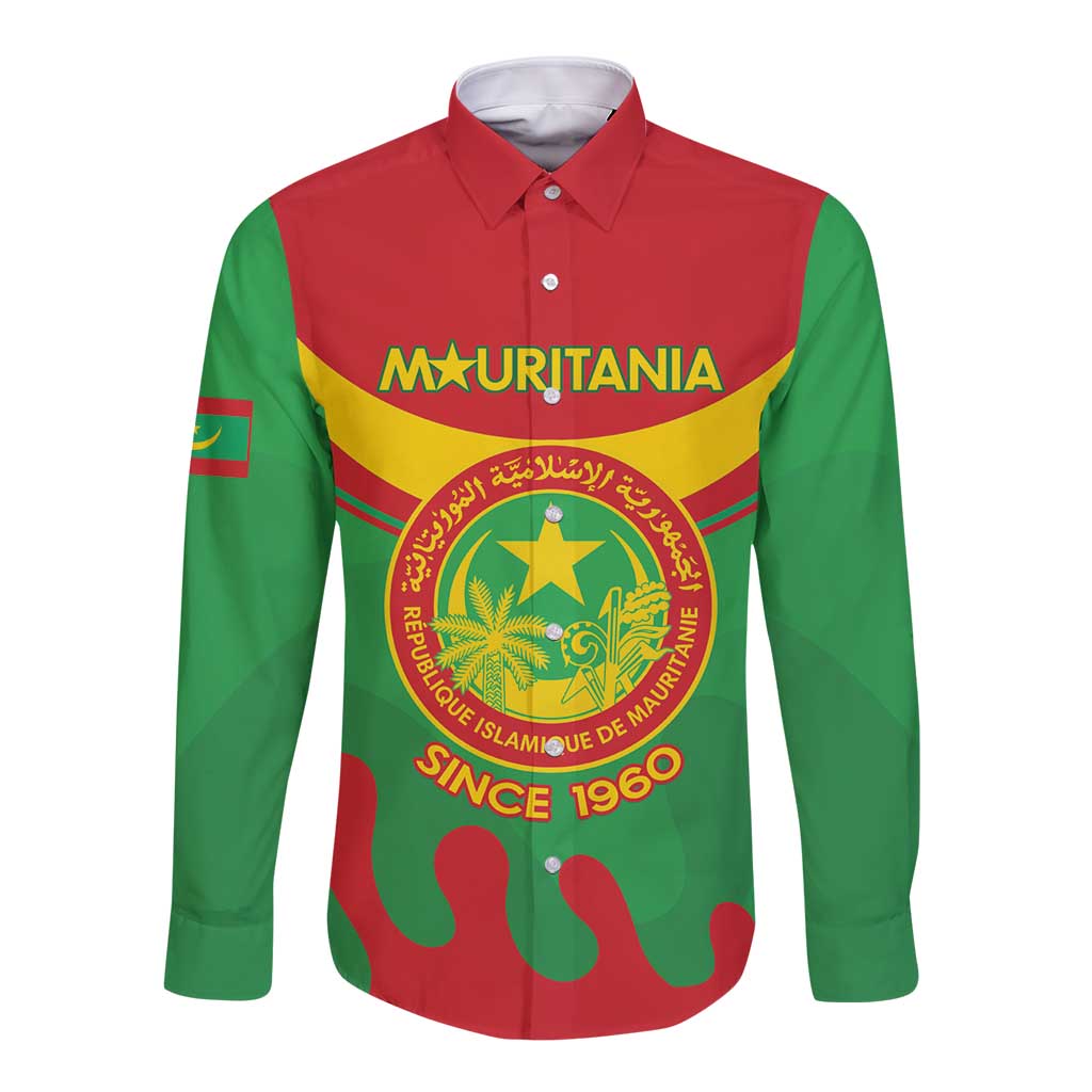Personalised Mauritania Independence Day Long Sleeve Button Shirt Coat Of Arms With Map Flag Color - Wonder Print Shop