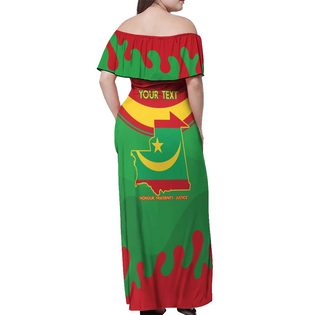 Personalised Mauritania Independence Day Off Shoulder Maxi Dress Coat Of Arms With Map Flag Color - Wonder Print Shop