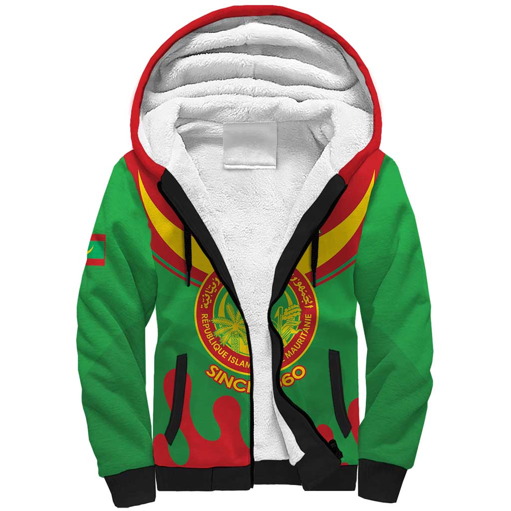 Personalised Mauritania Independence Day Sherpa Hoodie Coat Of Arms With Map Flag Color - Wonder Print Shop