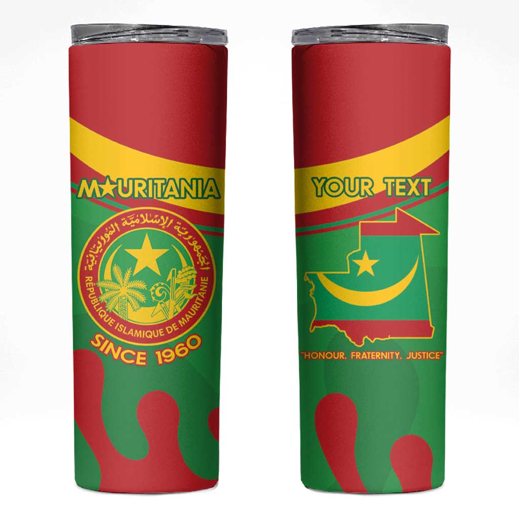 Personalised Mauritania Independence Day Skinny Tumbler Coat Of Arms With Map Flag Color - Wonder Print Shop