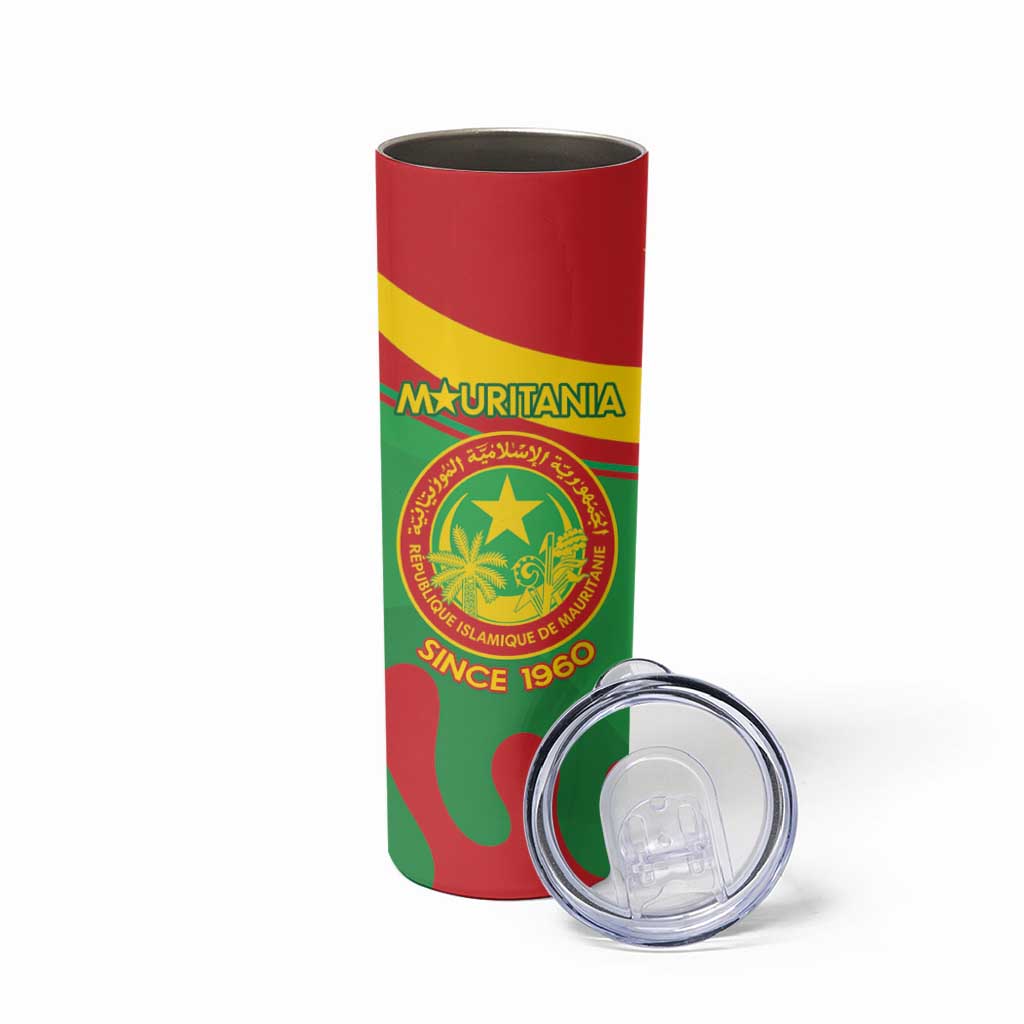 Personalised Mauritania Independence Day Skinny Tumbler Coat Of Arms With Map Flag Color - Wonder Print Shop