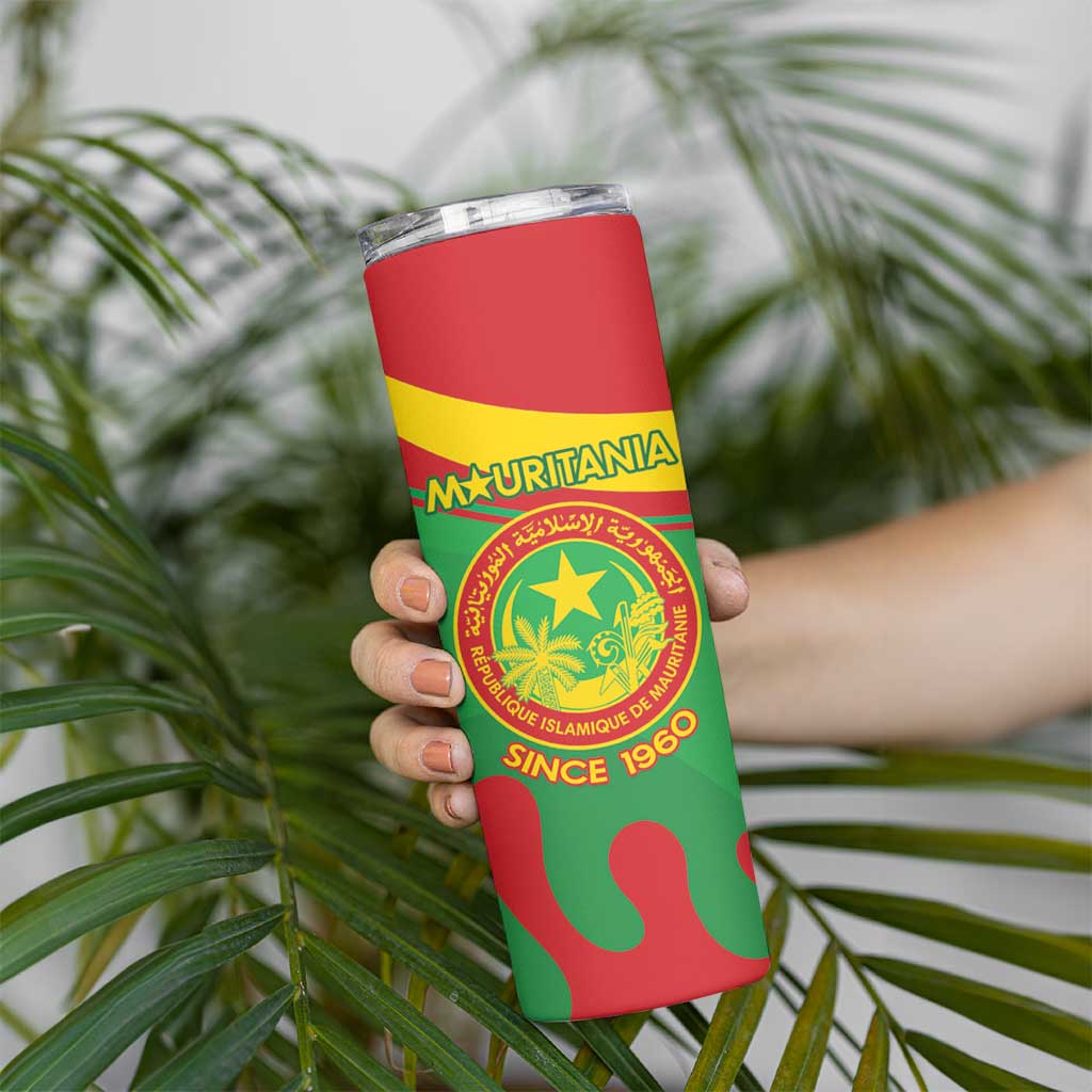Personalised Mauritania Independence Day Skinny Tumbler Coat Of Arms With Map Flag Color - Wonder Print Shop