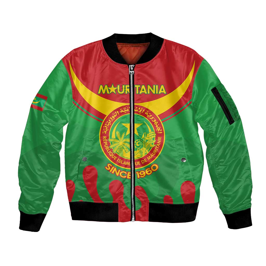 Personalised Mauritania Independence Day Sleeve Zip Bomber Jacket Coat Of Arms With Map Flag Color - Wonder Print Shop