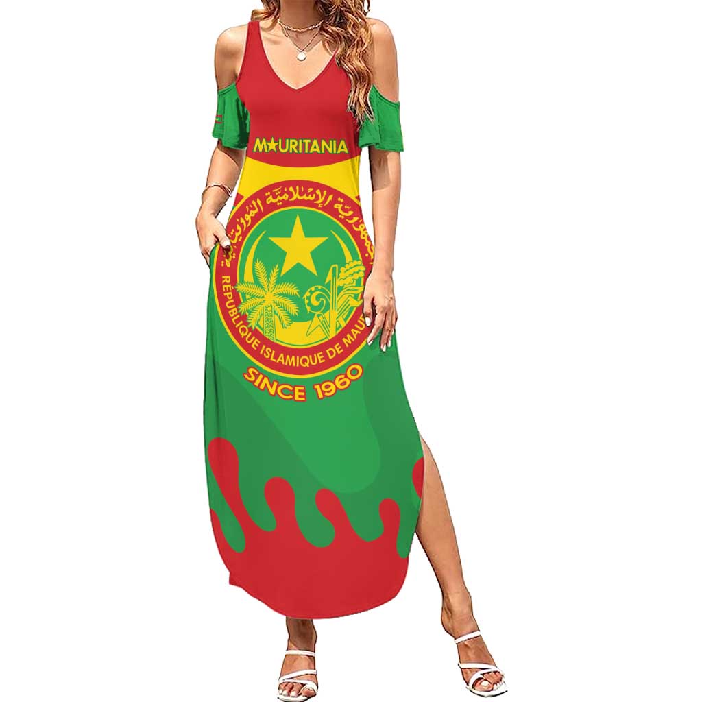 Personalised Mauritania Independence Day Summer Maxi Dress Coat Of Arms With Map Flag Color - Wonder Print Shop