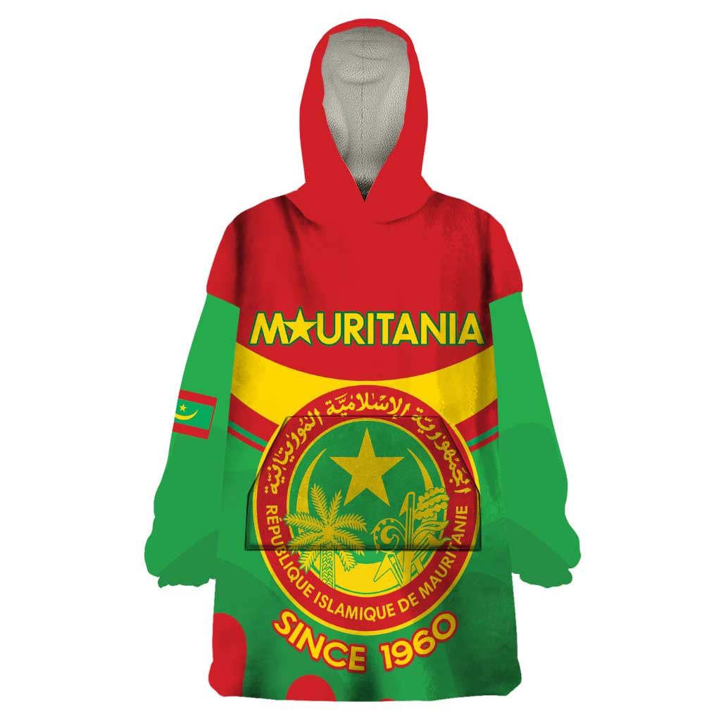 Personalised Mauritania Independence Day Wearable Blanket Hoodie Coat Of Arms With Map Flag Color - Wonder Print Shop
