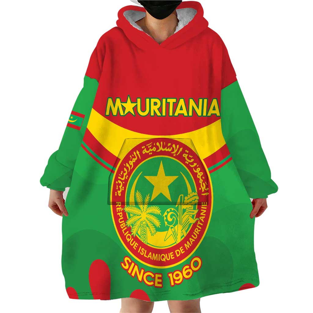 Personalised Mauritania Independence Day Wearable Blanket Hoodie Coat Of Arms With Map Flag Color - Wonder Print Shop