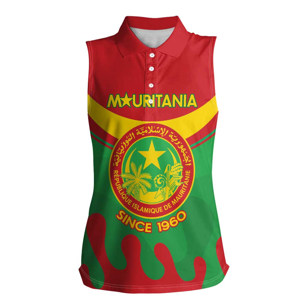 Personalised Mauritania Independence Day Women Sleeveless Polo Shirt Coat Of Arms With Map Flag Color - Wonder Print Shop