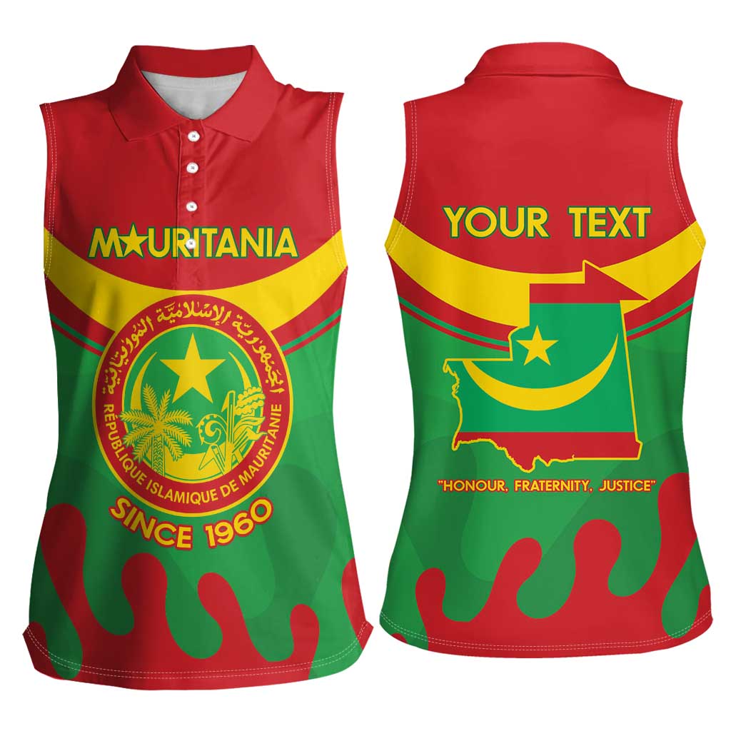 Personalised Mauritania Independence Day Women Sleeveless Polo Shirt Coat Of Arms With Map Flag Color - Wonder Print Shop