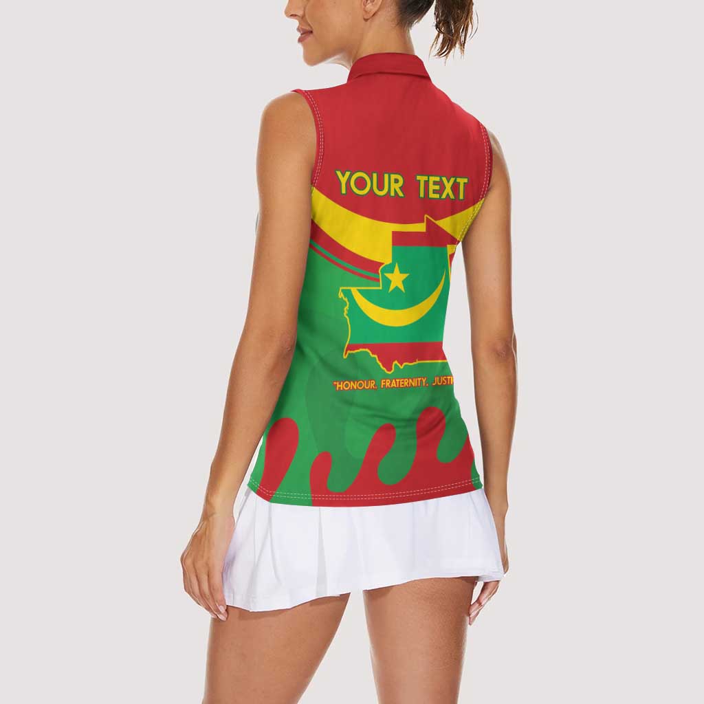 Personalised Mauritania Independence Day Women Sleeveless Polo Shirt Coat Of Arms With Map Flag Color - Wonder Print Shop