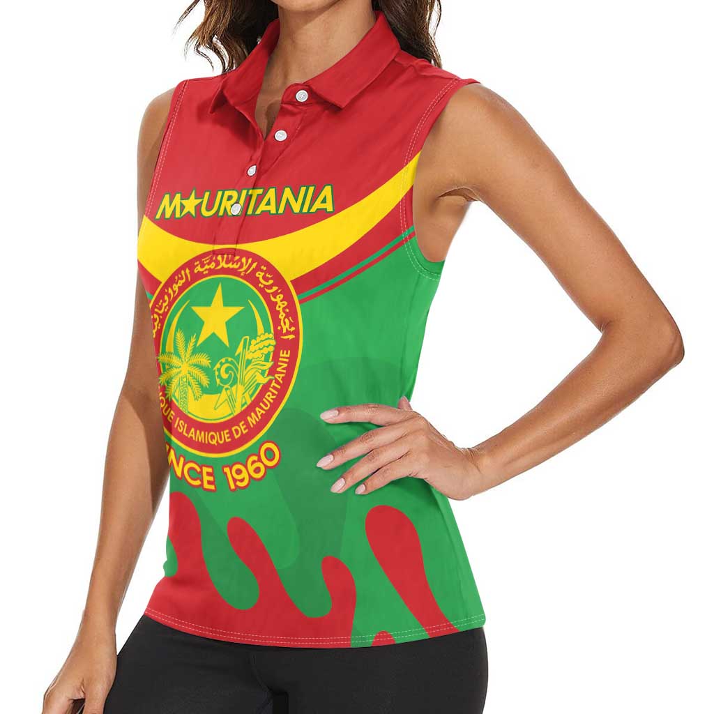 Personalised Mauritania Independence Day Women Sleeveless Polo Shirt Coat Of Arms With Map Flag Color - Wonder Print Shop