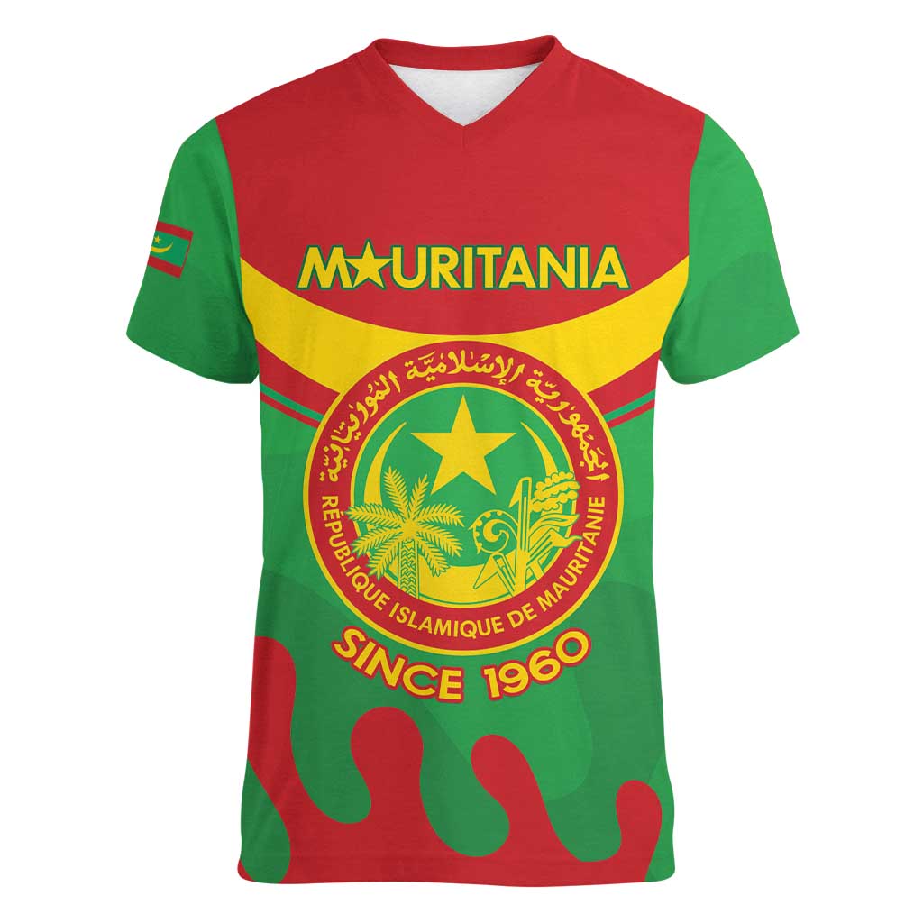 Personalised Mauritania Independence Day Women V-Neck T-Shirt Coat Of Arms With Map Flag Color - Wonder Print Shop