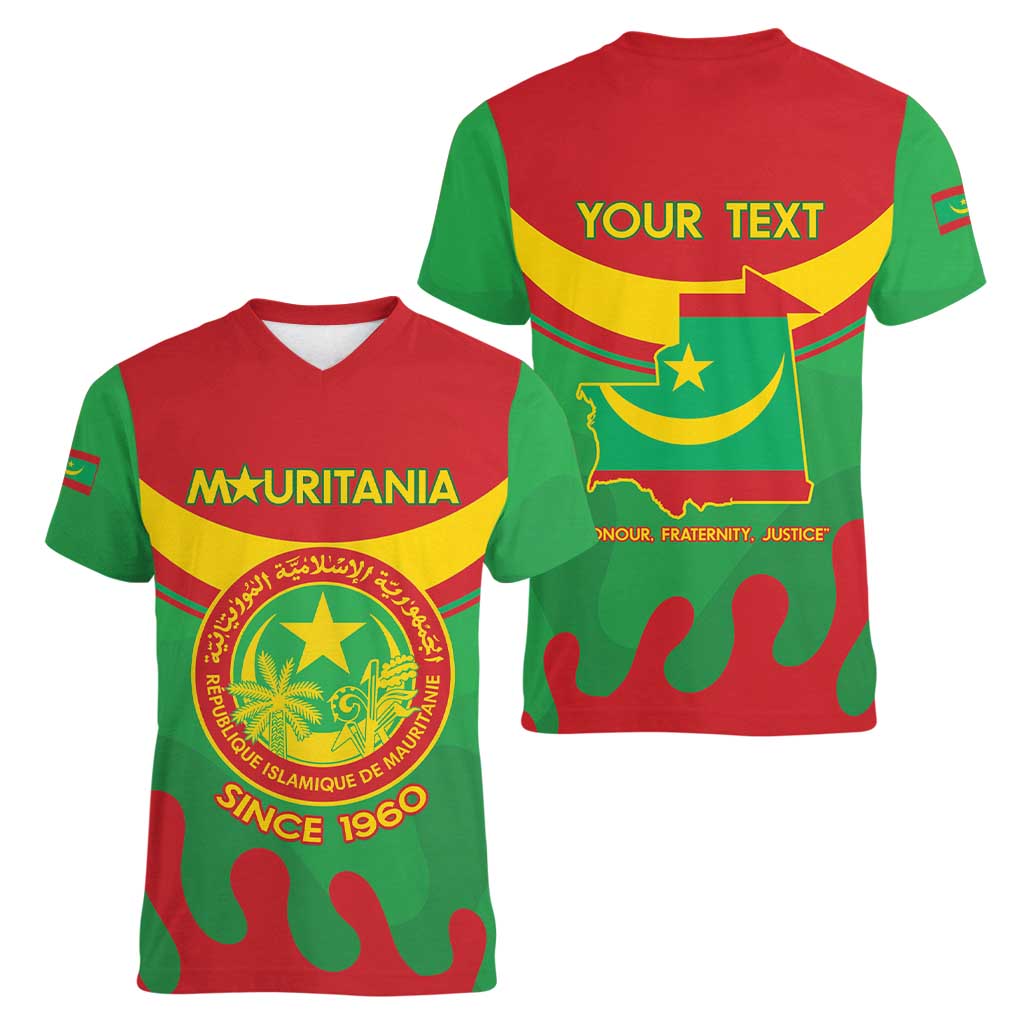 Personalised Mauritania Independence Day Women V-Neck T-Shirt Coat Of Arms With Map Flag Color - Wonder Print Shop